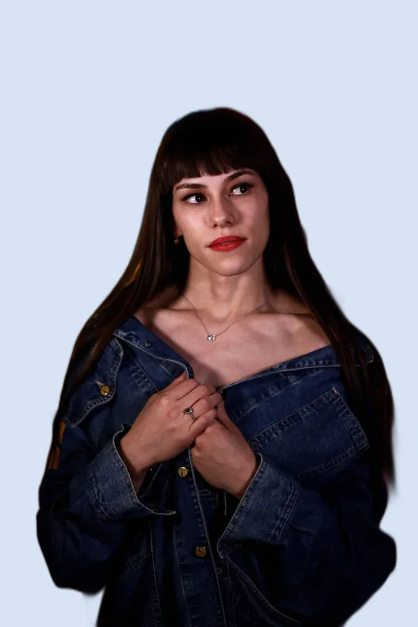 The same portrait on a plain light blue background